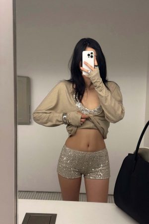 ROVENTE Deep V Knit Top with Sequin Bra and Shorts Set