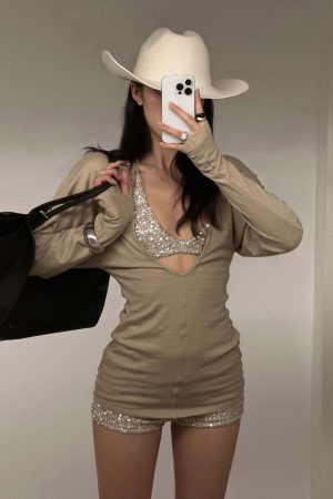 ROVENTE Deep V Knit Top with Sequin Bra and Shorts Set