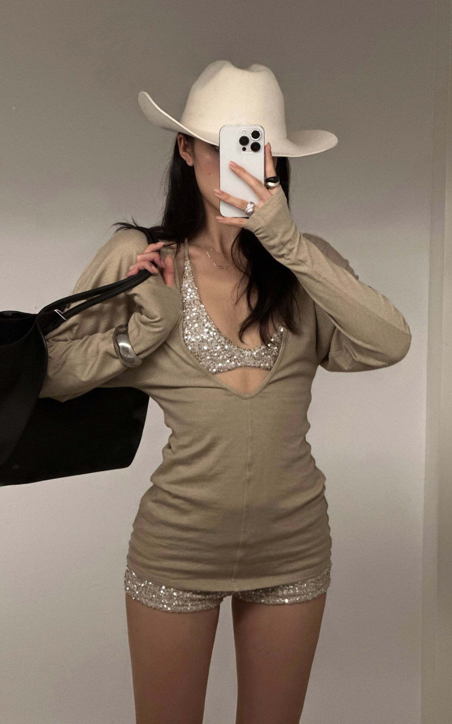 ROVENTE Deep V Knit Top with Sequin Bra and Shorts Set ROVENTE Deep V Knit Top with Sequin Bra and Shorts Set