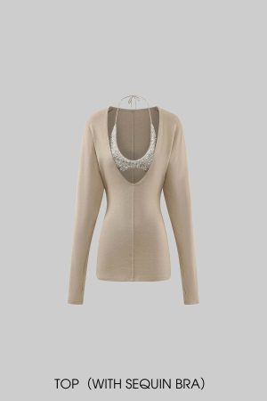 ROVENTE Deep V Knit Top with Sequin Bra and Shorts Set