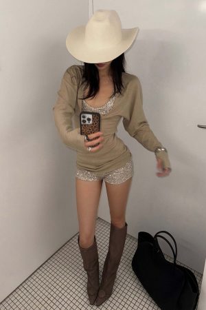 ROVENTE Deep V Knit Top with Sequin Bra and Shorts Set