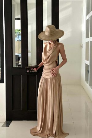 ROVENTE Draped Backless Rose Maxi Dress