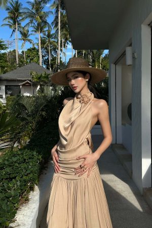 ROVENTE Draped Backless Rose Maxi Dress