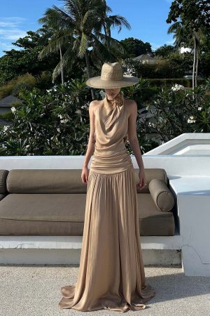 ROVENTE Draped Backless Rose Maxi Dress
