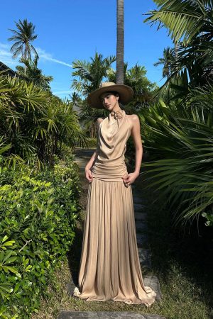 ROVENTE Draped Backless Rose Maxi Dress