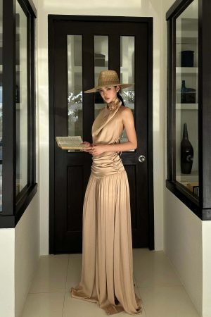 ROVENTE Draped Backless Rose Maxi Dress