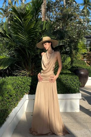 ROVENTE Draped Backless Rose Maxi Dress