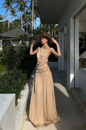 ROVENTE Draped Backless Rose Maxi Dress