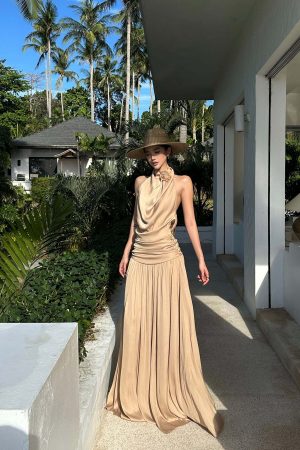 ROVENTE Draped Backless Rose Maxi Dress