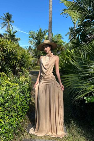 ROVENTE Draped Backless Rose Maxi Dress