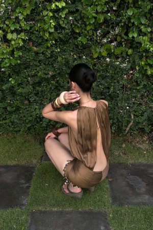 ROVENTE Draped Beaded Hem Mini Dress