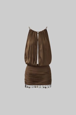 ROVENTE Draped Beaded Hem Mini Dress