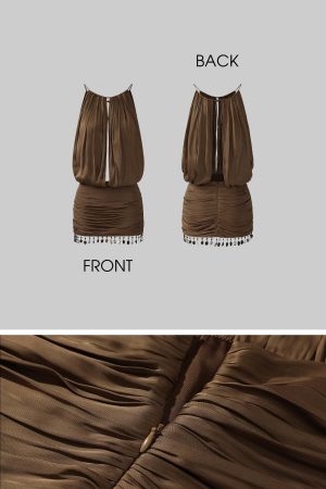 ROVENTE Draped Beaded Hem Mini Dress