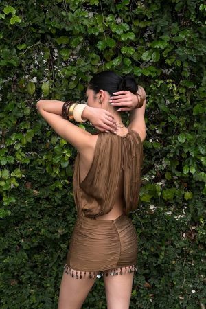 ROVENTE Draped Beaded Hem Mini Dress