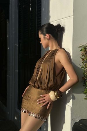 ROVENTE Draped Beaded Hem Mini Dress