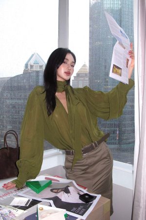 ROVENTE Draped Deep V-Neck Blouse with Tie Collar and Billowy Sleeves