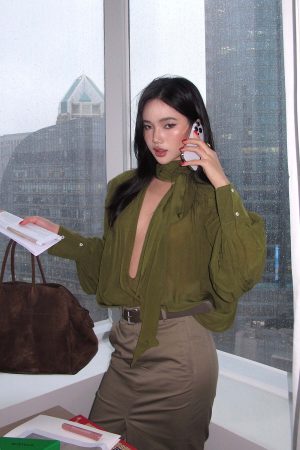 ROVENTE Draped Deep V-Neck Blouse with Tie Collar and Billowy Sleeves