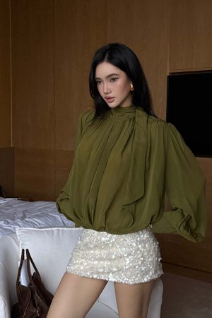 ROVENTE Draped Deep V-Neck Blouse with Tie Collar and Billowy Sleeves