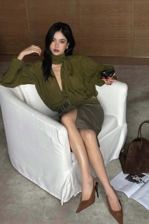 ROVENTE Draped Deep V-Neck Blouse with Tie Collar and Billowy Sleeves