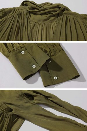 ROVENTE Draped Deep V-Neck Blouse with Tie Collar and Billowy Sleeves