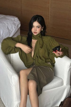 ROVENTE Draped Deep V-Neck Blouse with Tie Collar and Billowy Sleeves