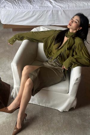 ROVENTE Draped Deep V-Neck Blouse with Tie Collar and Billowy Sleeves