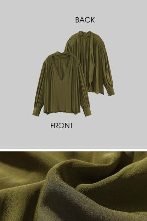 ROVENTE Draped Deep V-Neck Blouse with Tie Collar and Billowy Sleeves