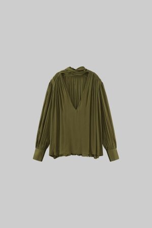 ROVENTE Draped Deep V-Neck Blouse with Tie Collar and Billowy Sleeves