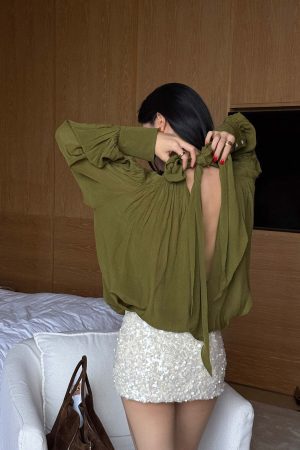 ROVENTE Draped Deep V-Neck Blouse with Tie Collar and Billowy Sleeves