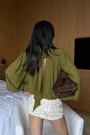 ROVENTE Draped Deep V-Neck Blouse with Tie Collar and Billowy Sleeves