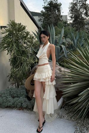 ROVENTE Draped Halter Corset Top in Pearl