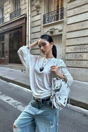 ROVENTE Draped Open Back Long Sleeve Top with Adjustable Strap