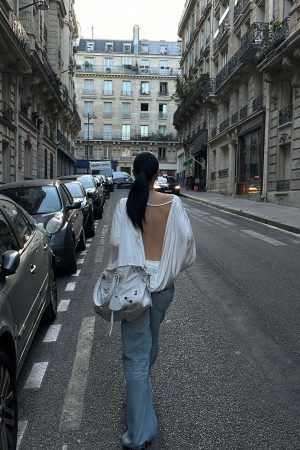 ROVENTE Draped Open Back Long Sleeve Top with Adjustable Strap