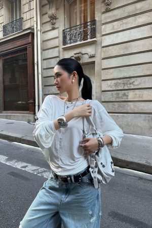 ROVENTE Draped Open Back Long Sleeve Top with Adjustable Strap