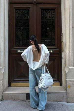 ROVENTE Draped Open Back Long Sleeve Top with Adjustable Strap