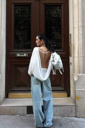 ROVENTE Draped Open Back Long Sleeve Top with Adjustable Strap