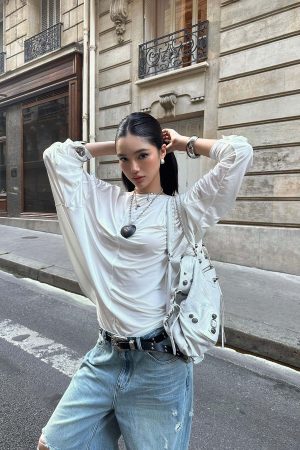 ROVENTE Draped Open Back Long Sleeve Top with Adjustable Strap