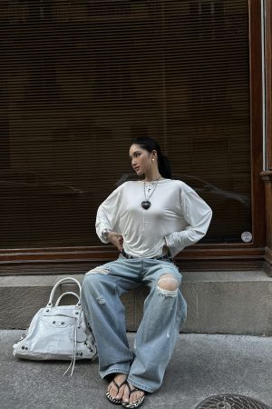 ROVENTE Draped Open Back Long Sleeve Top with Adjustable Strap