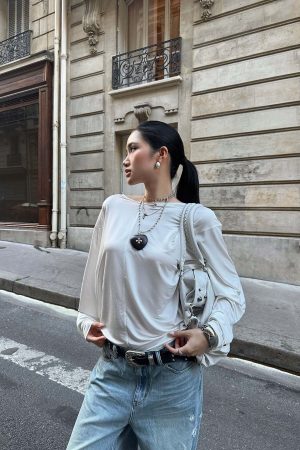 ROVENTE Draped Open Back Long Sleeve Top with Adjustable Strap