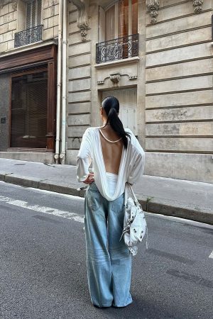 ROVENTE Draped Open Back Long Sleeve Top with Adjustable Strap