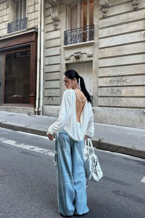 ROVENTE Draped Open Back Long Sleeve Top with Adjustable Strap