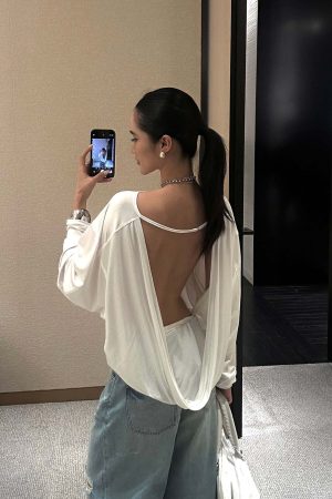 ROVENTE Draped Open Back Long Sleeve Top with Adjustable Strap