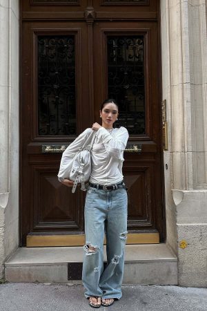 ROVENTE Draped Open Back Long Sleeve Top with Adjustable Strap