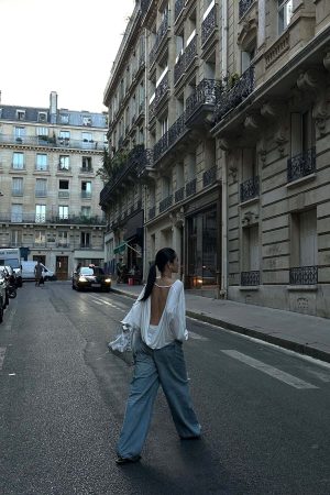 ROVENTE Draped Open Back Long Sleeve Top with Adjustable Strap