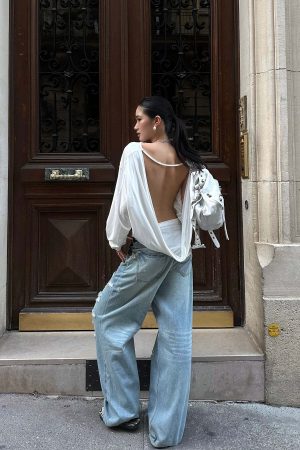 ROVENTE Draped Open Back Long Sleeve Top with Adjustable Strap