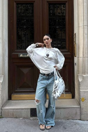 ROVENTE Draped Open Back Long Sleeve Top with Adjustable Strap