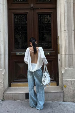 ROVENTE Draped Open Back Long Sleeve Top with Adjustable Strap