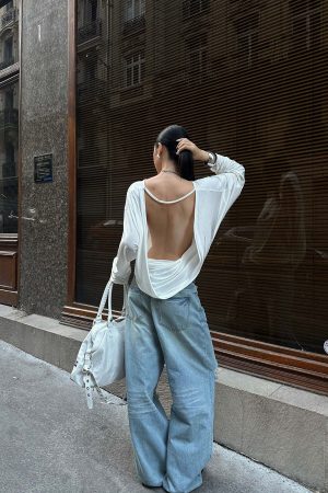 ROVENTE Draped Open Back Long Sleeve Top with Adjustable Strap