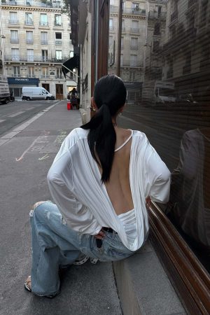 ROVENTE Draped Open Back Long Sleeve Top with Adjustable Strap