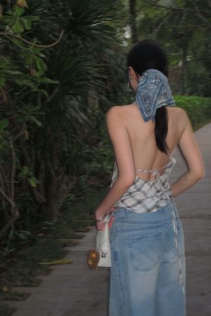 ROVENTE Draped Plaid Halter Top with Open Back